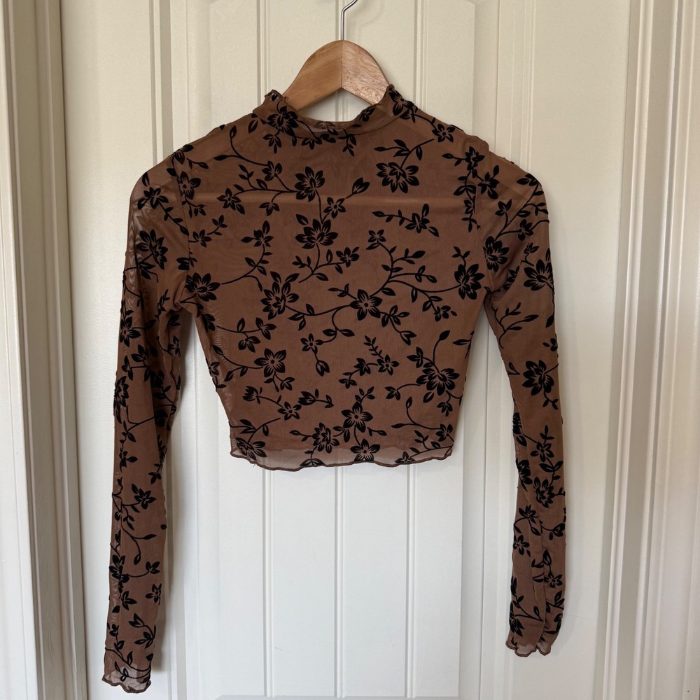 Dazy Mesh Crop Top Womens Size S Brown Black Flocked Floral Mock Neck Exc. y2k‎ - Picture 2 of 7